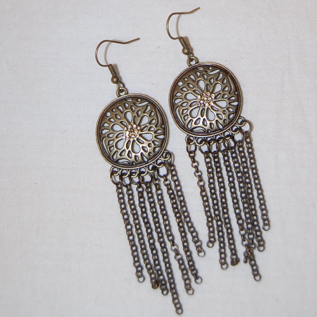Brass Tone Wire Earrings With Sparkly Center & Tassels 3